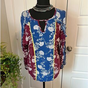 Tru Luxe Jeans Maroon Blue Yellow Floral Ruffle Boho Key Hole Neck Blouse Sz M